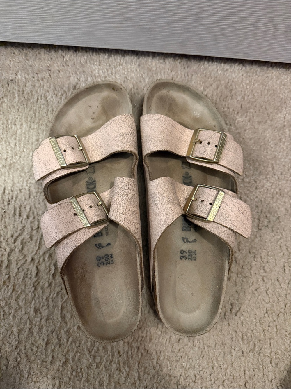 Birkenstock Sandals in Light Pink with Gold Buckles